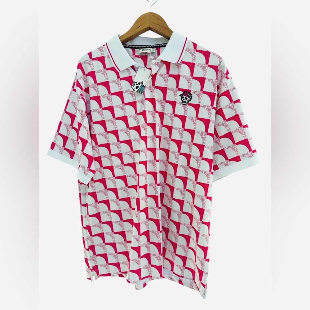 NEW Devereux Golf Polo Shirt Pink Skull Geometric T Logo Short Sleeve